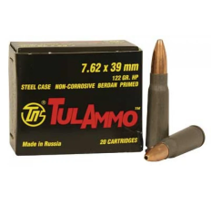 Tula Rifle Ammunition 7.62x39 122gr HP Steel Case Non-Corrosive Berdan Primed 20rd Box